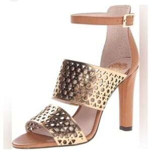 Vince Camuto Gold Woven Strappy Heeled Sandals Ankle Strap Occasion Heels